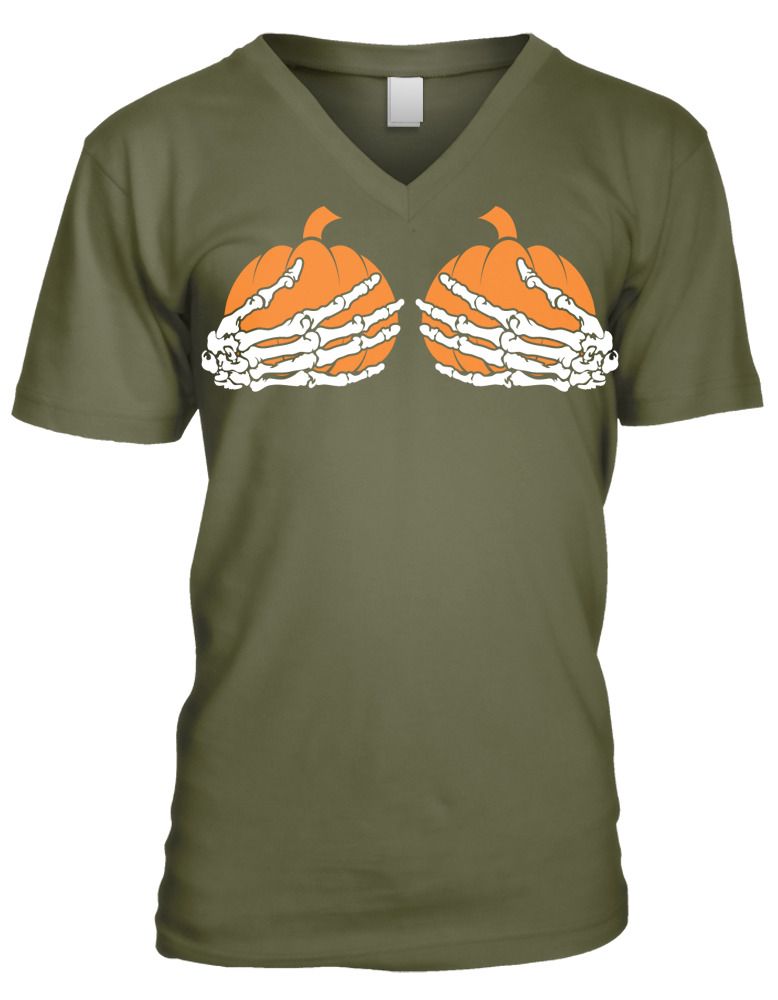 Pumpkin Tits Skeleton Hands Grabbing Boobs Halloween Mens V Neck T